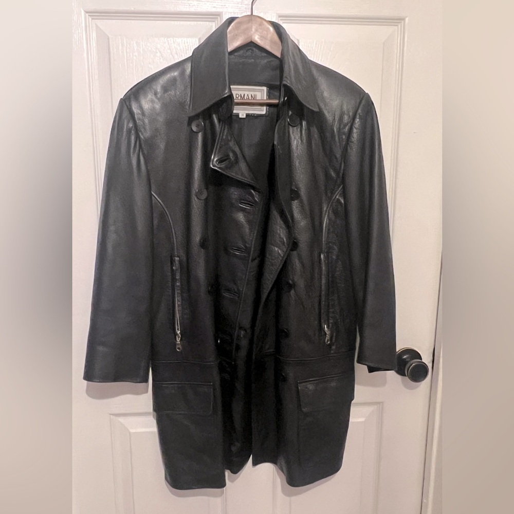 ARMANI Sport Vintage Women’s Black Long Button Down Leather Jacket Size 38